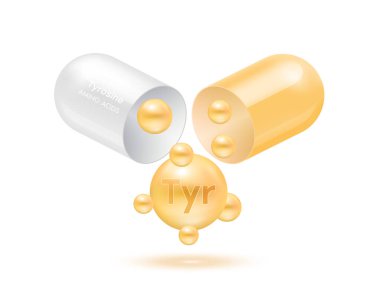 Tyrosine amino asit kapsülden dışarı süzülür. Vitamin kompleksi ve beyaz arka planda izole edilmiş mineral kremi. Yemek takviyesi reklam paketi tasarımı için. Bilim doktoru konsepti. 3B Vektör EPS10.