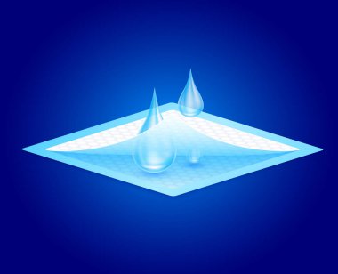 Su damlacıkları emici alandan akar. Yakından. İdrar tutamama sorunu olan yaşlı ve yatalak insanlar için. Yumuşak koruma ve kullanışlı. Mavi bez pedleri 3D vektör.