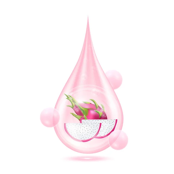 Dragon Frukt Inuti Vattendroppar Rosa Lysande Med Syre Bubblor Isolerade — Stock vektor