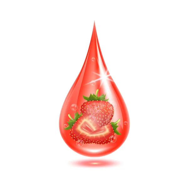Morango Dentro Gotas Água Vermelho Brilhando Com Bolhas Oxigênio Isolado — Vetor de Stock