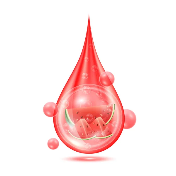 Vattenmelon Inuti Vattendroppar Röda Lysande Med Syre Bubblor Isolerade Vit — Stock vektor