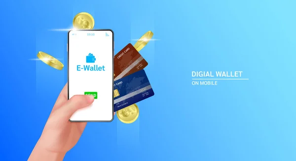 Mão Segurando Smartphone Com Aplicativo Carteira Digital Cartão Crédito Moeda —  Vetores de Stock