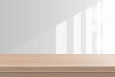 Beyaz oda modern görünümlü ahşap masa manzaralı ofis masası. Çillerin arasından parlayan güneş ışığı duvara yansıyacak. Gerçekçi 3B vektör illüstrasyonu.