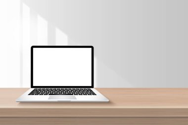 Ofis masasında dizüstü bilgisayarlı beyaz ekran beyaz masa manzaralı beyaz oda modern. Çillerin arasından parlayan güneş ışığı duvara yansıyacak. Gerçekçi 3B vektör illüstrasyonu.