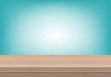 Kopya markanız için boş tahta masa kenarı görünümü. Ekran veya montaj ürünleri için kullanılır. Klasik tarz konsept. Ahşap kahverengi gerçekçi yüzey mavi arka planda izole edilmiş. 3B Vektör.