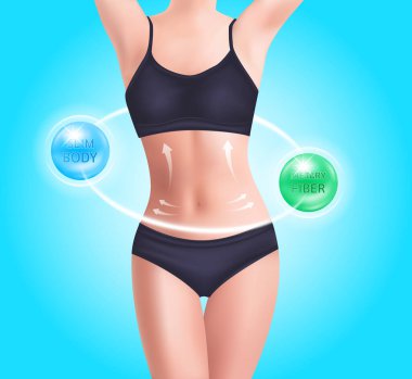 Güzel bir kadın vücudu. Mükemmel ince tonlu, diyet lifli, düşük kolesterol seviyesi olan genç bir vücut. İnce yiyecekler ve vitamin takviyesi. 3D Vektör EPS10. Mavi bir arkaplanda.