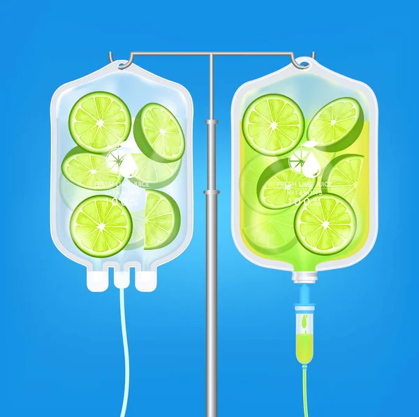 Grön Vitamin Färsk Lime Juice Påse Koksaltlösning Blå Bakgrund Friska — Stock vektor