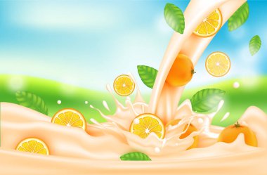 Turuncu süt ve biraz gerçekçi, vitamin açısından zengin meyve suları ve yoğurt. Gerçekçi 3D vektör çizimi..