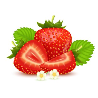 Yapraklı gerçekçi taze çilek seti, ikiye bölünmüş meyve, kalibresiz meyve, beyaz arka planda izole edilmiş. 3d vektör illüstrasyonu.