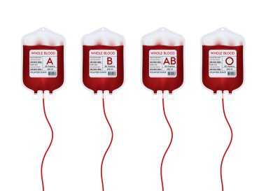 A, B, O ve Rh sistemlerinde farklı kan gruplarına sahip kan torbası. Yaralılara yardım etmek için kan bağışı fikirleri. 3B Vektör EPS10 illüstrasyonu