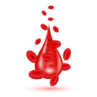 Beyaz arka planda kırmızı, parlak kan damlası izole edilmiş. Hemoglobin, hematoloji tıbbi yardım. Gerçekçi 3d vektörü.