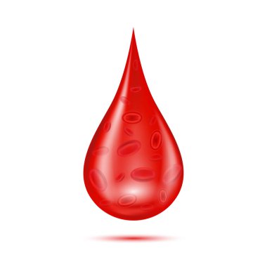 Beyaz arka planda kırmızı, parlak kan damlası izole edilmiş. Hemoglobin, hematoloji tıbbi yardım. Gerçekçi 3d vektörü.