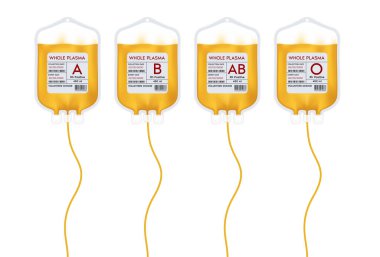 Farklı plazma grubu A, B, O ve Rh ile etiketlenmiş plazma kan torbası. Plazma bağış fikirleri yaralılara yardım etmek için. 3B Vektör EPS10 illüstrasyonu