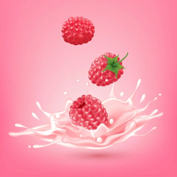 ラズベリースイートピンクミルクベリーとスプラッシュ現実的な フルーツとヨーグルト ピンクの背景に隔離されてる 現実的な3Dベクトル図 — ストックベクタ