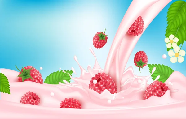 Framboesa Doce Leite Rosa Com Bagas Salpicos Realistas Fruta Iogurte — Vetor de Stock