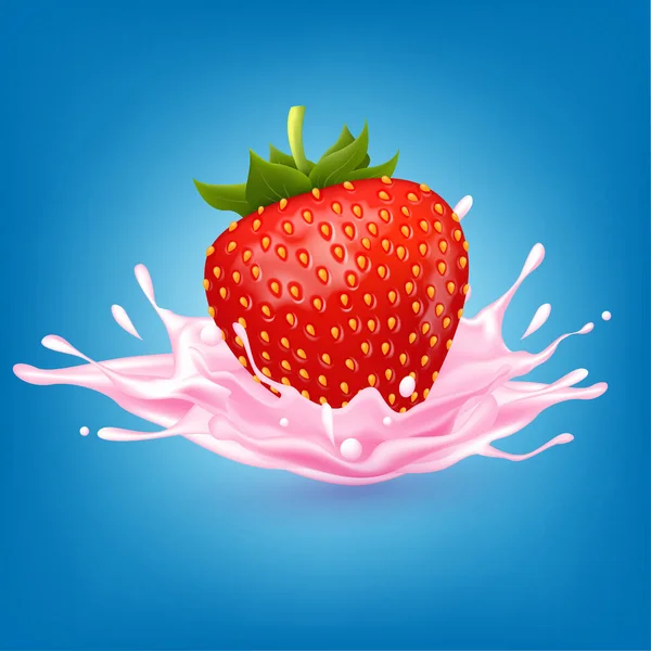 草莓甜粉红牛奶与浆果 水花现实 水果和酸奶 矢量3D说明 — 图库矢量图片