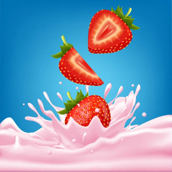草莓甜粉红牛奶与浆果 水花现实 水果和酸奶 矢量3D说明 — 图库矢量图片