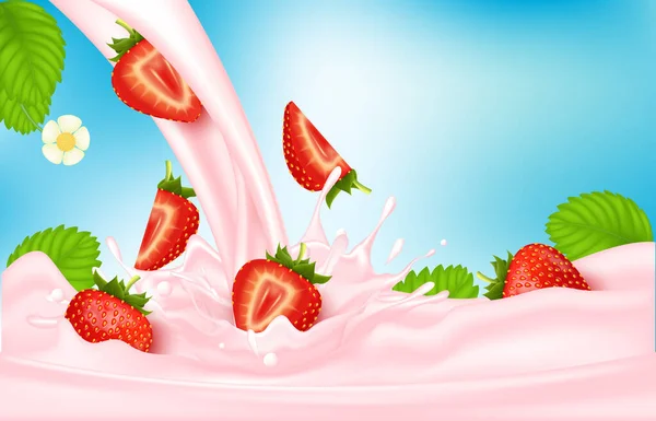 Strawberry Sweet Pink Milk Berries Splashes Realistic Fruit Yogurt Vector — Stock Vector