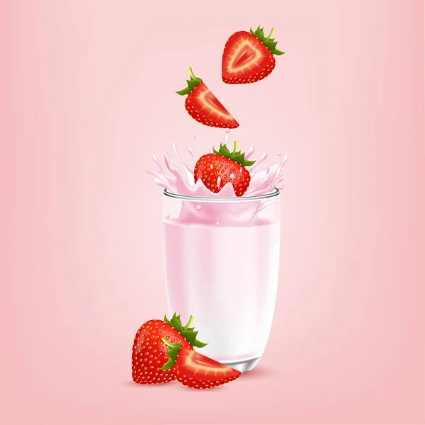 Strawberry Sweet Pink Milk Berries Splashes Realistic Fruit Yogurt Vector — Stock Vector