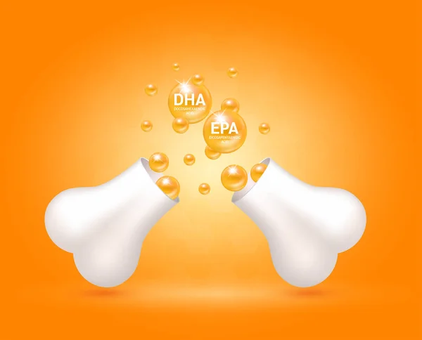 オメガ3 Dha Epaは 骨カプセルから浮いています 関節炎膝関節 足の痛みを癒すのに役立ちます オレンジの背景に健康な骨 栄養製品の食品テンプレートのデザインに使用されます 3Dベクトル Eps10 — ストックベクタ