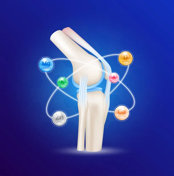 健康な関節骨とミネラルカルシウム マグネシウム ビタミン 半径リングは青の背景に囲まれています 関節炎の膝の治癒を助ける 3Dリアルなベクトル 栄養製品設計のために — ストックベクタ