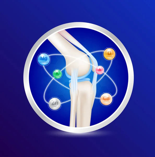 ラベルアルミニウム内部の健康な骨 ミネラルカルシウム マグネシウム ビタミン 半径リングを取り囲む 関節炎膝関節の治癒を支援します 3Dリアルなベクトル 栄養製品設計のために — ストックベクタ