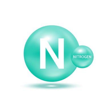 Nitrojen molekül modelleri yeşil ve kimyasal formüller bilimsel element. Doğal gaz. Ekoloji ve biyokimya kavramı. Beyaz arka planda izole küreler. 3B Vektör İllüstrasyonu.