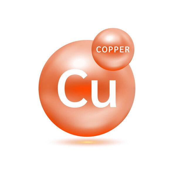 Молекулы меди оранжевые. Концепция экологии и биохимии. Изолированные сферы на белом фоне. Вектор 3D.