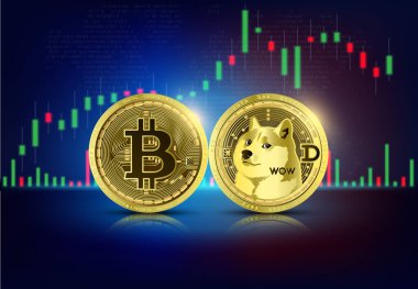 Altın sikke Bitcoin ve Dogecoin dünya haritasında. Kripto para birimi. Borsa büyümesini engelliyor. Büyük veri madenciliği teknolojisi. İnternet elektronik ödeme fütüristik. 3B vektör.