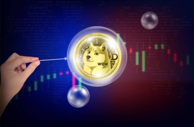 El ele tutuşan iğne, Dogecoin 'i borsa grafiklerinde bir sabun baloncuğunun içinde patlatmaya çalışıyor. Aşırı değer verilen bir iş adamıyla yapılan spekülasyonlar ekonomiyi şişirdi. Finansal kriz konsepti. 3B Vektör.