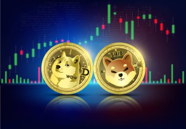 Dünya haritasında altın sikke Dogecoin ve Shiba Inu. Kripto para birimi. Borsa büyümesi rekabeti Büyük veri madenciliği teknolojisi. İnternet elektronik ödeme fütüristik. 3B vektör.