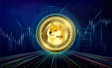 Kripto para birimleri Dogecoin ve büyüme grafiği. Uluslararası borsa. Elektronik kripto para birimi modern çevrimiçi teknolojisini engelle. Altın sikke altın fütüristik şehrin neon rengi arka planında. 3B Vektör.
