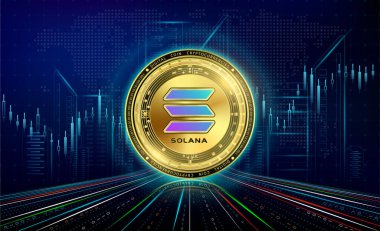 Kripto para birimleri Solana ve büyüme grafiği. Uluslararası borsa. Elektronik kripto para birimi modern çevrimiçi teknolojisini engelle. Altın sikke altın fütüristik şehrin neon rengi arka planında. 3B Vektör.