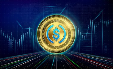 Kripto para birimleri USD ve büyüme grafiği. Uluslararası borsa. Elektronik kripto para birimi modern çevrimiçi teknolojisini engelle. Altın sikke altın fütüristik şehrin neon rengi arka planında. 3B Vektör.