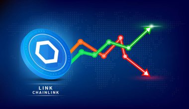 Zincir halkalı mavi para. Borsa yatırım grafiği yeşil ve kırmızı olan kripto döviz sembolü. Koyu arkaplanda madeni para simgesi. Ekonomik trendler iş konsepti. 3B Vektör illüstrasyonu.