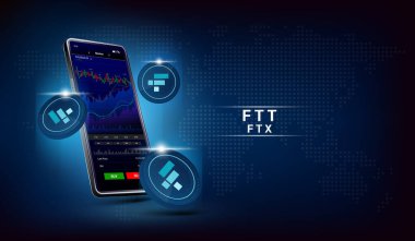 Ftx para ve telefon. Dokunmatik ekranda akıllı telefondan şifreli para ticareti uygulaması. Veri analizi borsası. Eğilimler ve finansal stratejiler. Mobil bankacılık kriptosu. Vektör 3d. 