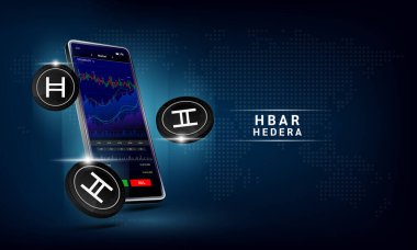 Hedera para ve telefon. Dokunmatik ekranda akıllı telefondan şifreli para ticareti uygulaması. Veri analizi borsası. Eğilimler ve finansal stratejiler. Mobil bankacılık kriptosu. Vektör 3d. 