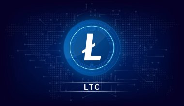 Litecoin madeni para kripto para sembolü. Mavi arkaplanda sikke simgesi. Uluslararası hisse senedi zincirinde finans teknolojisi. Vektör illüstrasyonu.