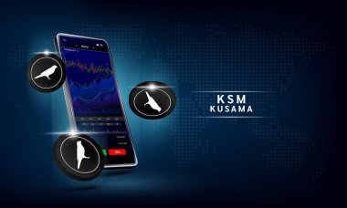Kusama madeni para ve telefon. Dokunmatik ekranda akıllı telefondan şifreli para ticareti uygulaması. Veri analizi borsası. Eğilimler ve finansal stratejiler. Mobil bankacılık kriptosu. Vektör 3d. 