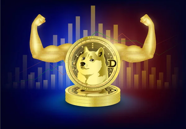 Goldmünze Dogecoin Kryptowährung Kraftvoll Mit Armen Die Starke Muskeln Zeigen — Stockvektor