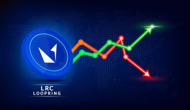 Loopring (LRC) sikke mavisi. Borsa yatırım grafiği yeşil ve kırmızı olan kripto döviz sembolü. Koyu arkaplanda madeni para simgesi. Ekonomik trendler iş konsepti. 3B Vektör illüstrasyonu.