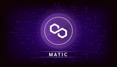 Çokgen madeni para kripto para sembolü. Mor arkaplanda madeni para simgesi. Uluslararası hisse senedi zincirinde finans teknolojisi. Vektör illüstrasyonu.