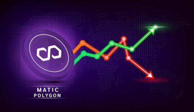 Çokgen madeni para mor. Borsa yatırım grafiği yeşil ve kırmızı olan kripto döviz sembolü. Koyu arkaplanda madeni para simgesi. Ekonomik trendler iş konsepti. 3B Vektör illüstrasyonu.