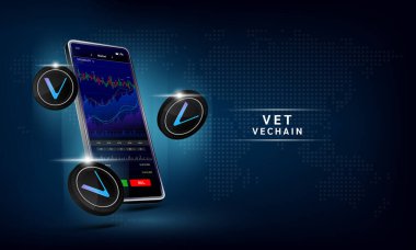 Vekhain madeni para ve telefon. Dokunmatik ekranda akıllı telefondan şifreli para ticareti uygulaması. Veri analizi borsası. Eğilimler ve finansal stratejiler. Mobil bankacılık kriptosu. Vektör 3d. 