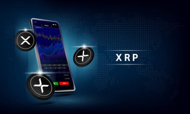 XRP madeni para ve telefon. Dokunmatik ekranda akıllı telefondan şifreli para ticareti uygulaması. Veri analizi borsası. Eğilimler ve finansal stratejiler. Mobil bankacılık kriptosu. Vektör 3d. 