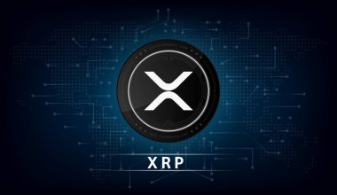XRP bozuk para kripto para sembolü. Koyu arkaplanda madeni para simgesi. Uluslararası hisse senedi zincirinde finans teknolojisi. Vektör illüstrasyonu.