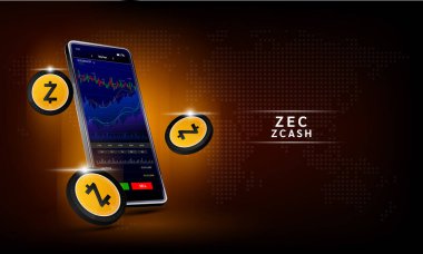 Zcash para ve telefon. Dokunmatik ekranda akıllı telefondan şifreli para ticareti uygulaması. Veri analizi borsası. Eğilimler ve finansal stratejiler. Mobil bankacılık kriptosu. Vektör 3d.