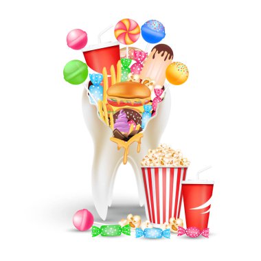 Yiyecekler sağlıklı dişlere zarar verir. Candy, çok şeker yemek sağlık dişleri için tehlikelidir. Karıncalanma, çürüme, çürüme. Dişçilerin sağlıklı beslenme kavramı. 3B Vektör EPS10 illüstrasyonu.