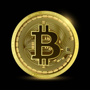 Şifreli altın sikke Bitcoin. Şifreli para birimi. Siyah bir arka planda izole edilmiş. Finansal işler. Simge gerçekçi 3B vektörü EPS10 çiziciName.