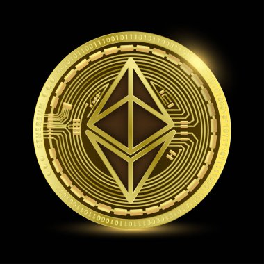 Ethereum ETH kripto altın sikkesi. Şifreli para birimi. Siyah bir arka planda izole edilmiş. Finansal işler. Simge gerçekçi 3B vektörü EPS10 çiziciName.